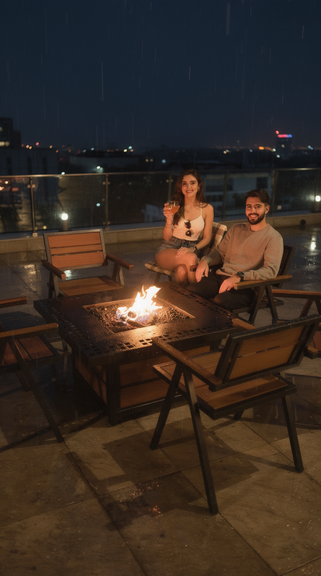 ست میز و صندلی و آتشدان چوبی ترموود ضد آب چهار نفره